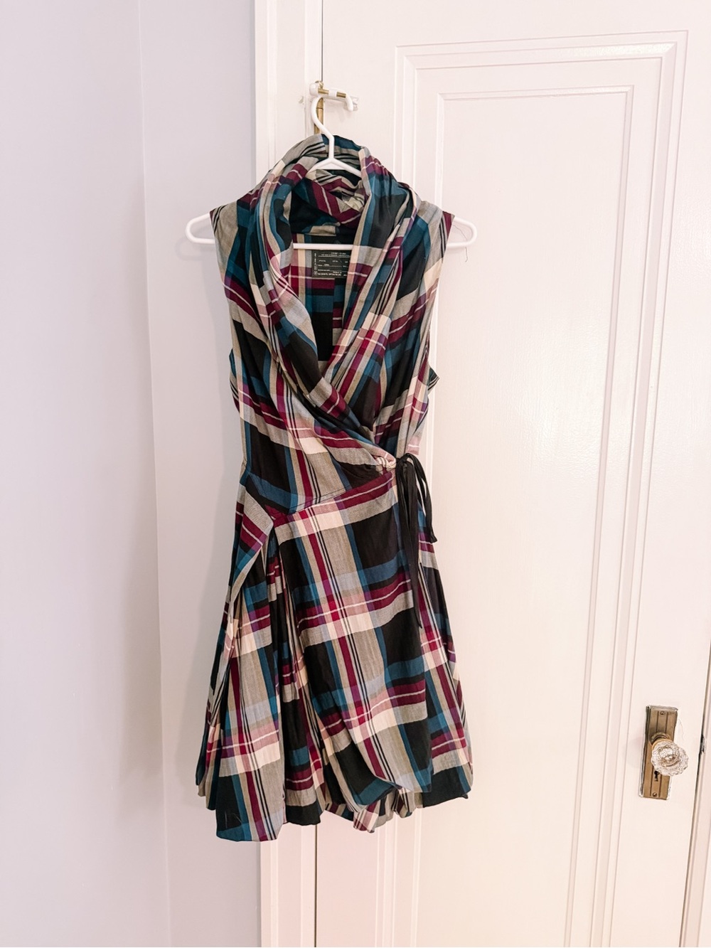 All Saints Plaid Wrap Mini Dress in Black, Teal & Burgundy